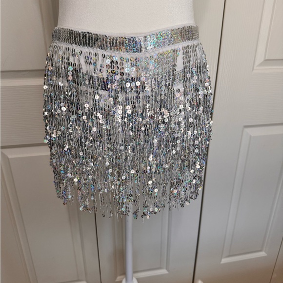 Silver Iridescent String Sequin Skirt Rave Festival Skirt - Picture 1 of 11